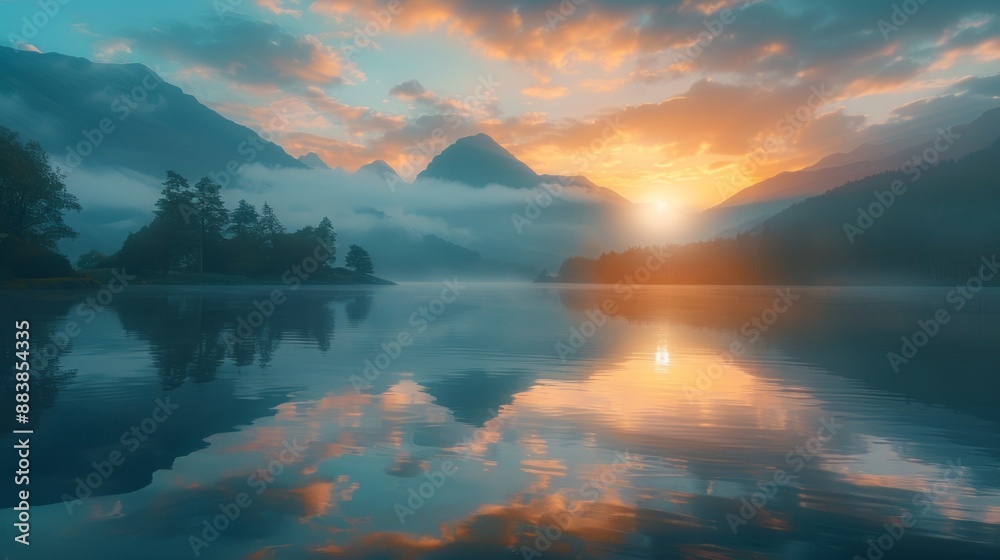 A serene sunrise over misty mountains reflected in a tranquil lake A serene sunrise over misty mountains reflected in a tranquil lake