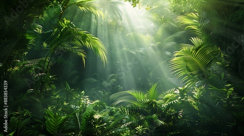 Fototapeta Naklejka Na Ścianę i Meble -  A lush dense jungle with sunlight filtering through the green leaves