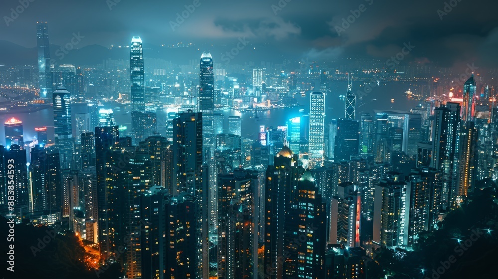 A cityscape at night, with skyscrapers illuminated against a dark sky A cityscape at night, with skyscrapers illuminated against a dark sky