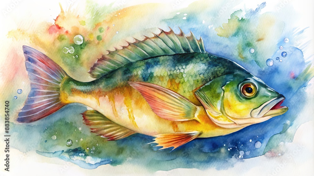 Bright watercolor depiction of a peacock bass.
