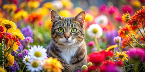 Cat surrounded by colorful flowers, Cat, flower, colorful, pet, nature, garden, beautiful, feline, animal, spring, vibrant, scenery