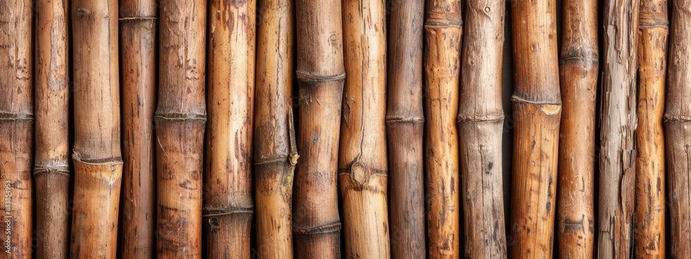 A tight shot of a bamboo wall constructed from assorted-sized wood halves A tight shot of a bamboo wall constructed from assorted-sized wood halves