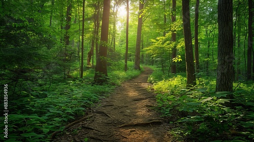 Fototapeta Naklejka Na Ścianę i Meble -  A lush green forest with sunlight filtering through the canopy onto a hiking trail
