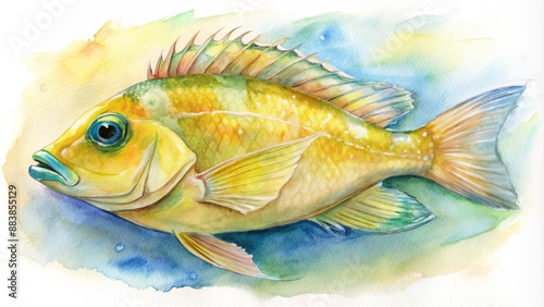 Colorful watercolor sketch of a yellow assessor basslet.