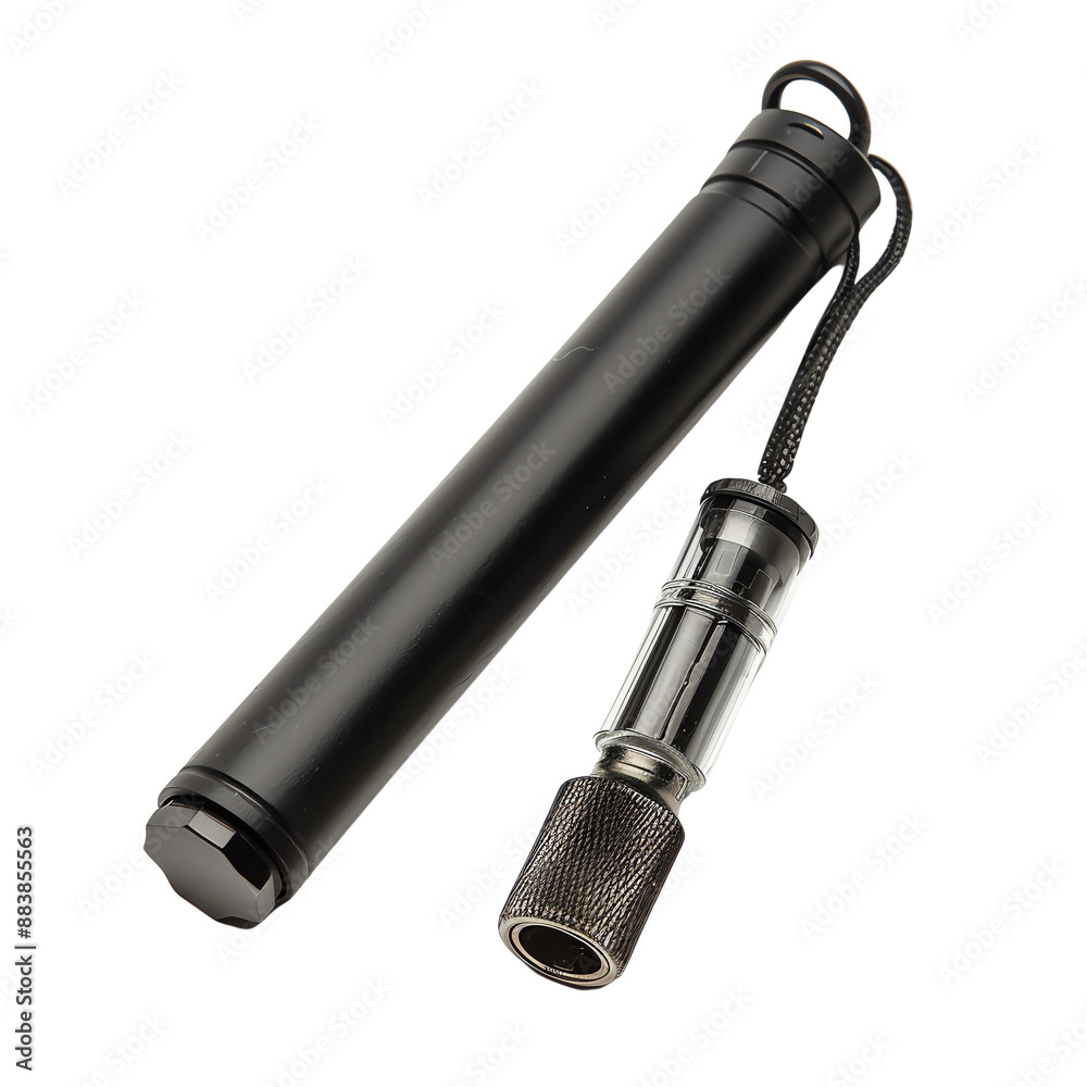 Black tactical flashlight with extended battery, isolated on a white background, showing durable and sleek design ideal for outdoor activities. Black tactical flashlight with extended battery, isolated on a white background, showing durable and sleek design ideal for outdoor activities.