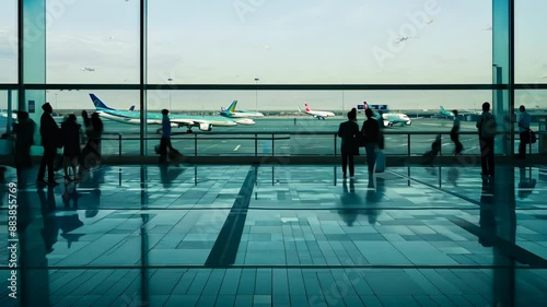 Busy airport Terminal: Silhouette of happy people wait for departure at airport lounge room time lapse. Adventure concept. Person walk near Window. Arriving Airplanes timelapse. Flight Boarding.