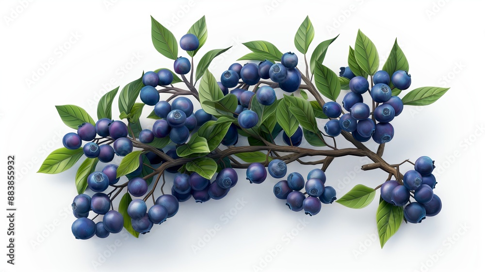 An blueberry bush with clusters of blue berries, isolated on a white background. Anime foliage, anime background An blueberry bush with clusters of blue berries, isolated on a white background. Anime foliage, anime background