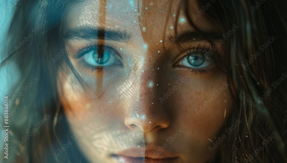 Close-up of a woman's face with glowing dots and digital effects, creating a futuristic and ethereal look. Close-up of a woman's face with glowing dots and digital effects, creating a futuristic and ethereal look.