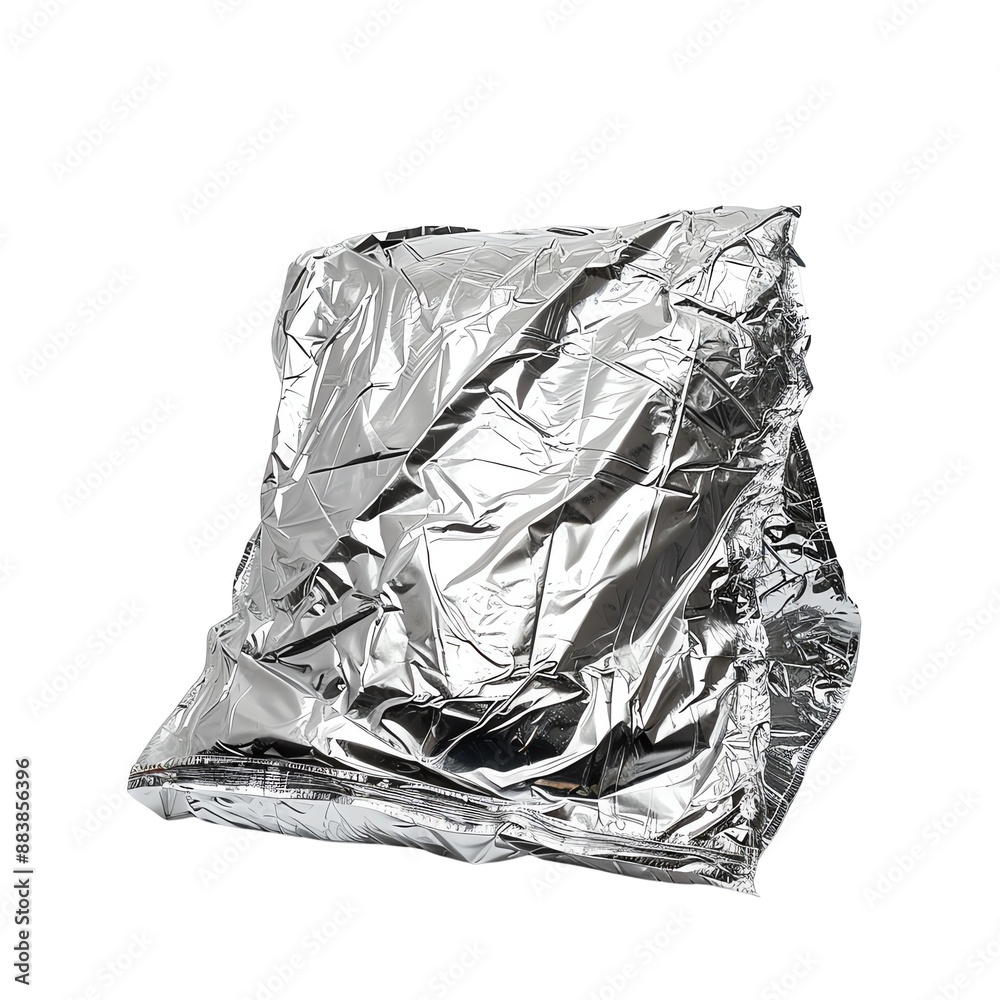 Naklejka premium Crumpled silver metallic foil sheet, isolated on white background, reflecting light. Perfect for textures, backgrounds, or material design.