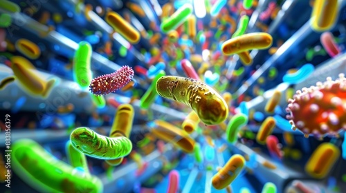 Microscopic view of antibiotic-resistant bacteria and microbes spreading on hospital surfaces highlighting risks of hospital-acquired infections and antibiotic resistance in healthcare settings. photo