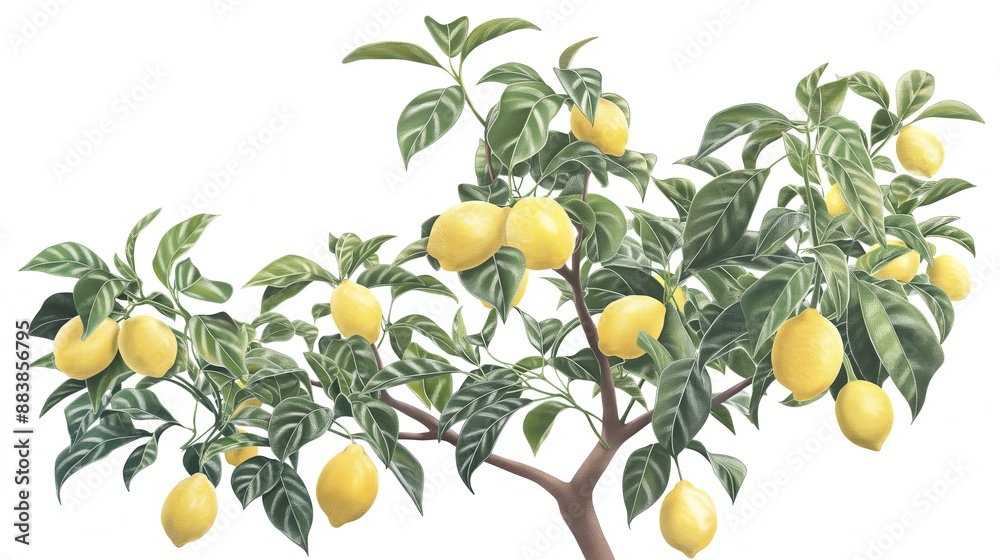 An lemon tree with yellow lemons hanging from its branches, isolated on a white background. Anime foliage, anime background