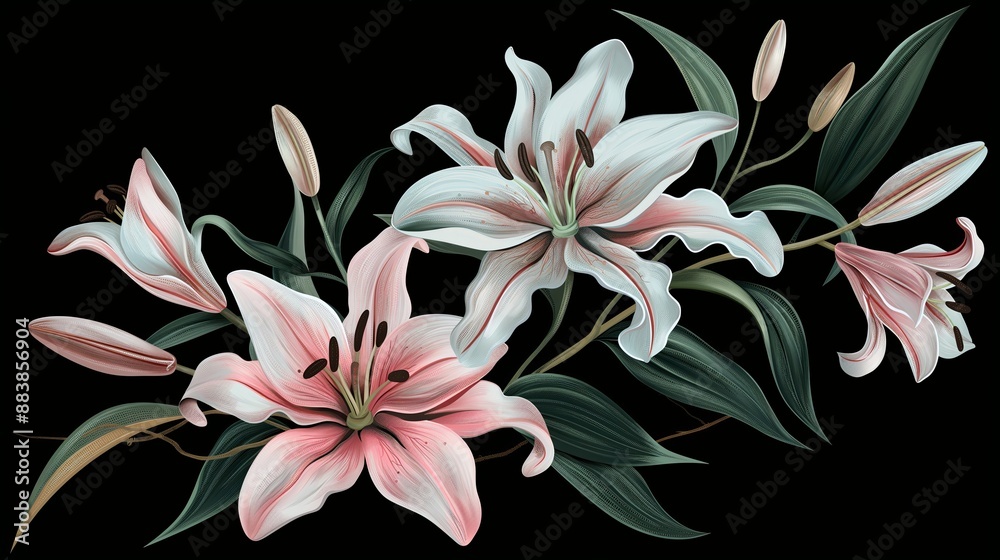 An lily bush with white and pink flowers in full bloom, isolated on a black background. Anime foliage, anime background