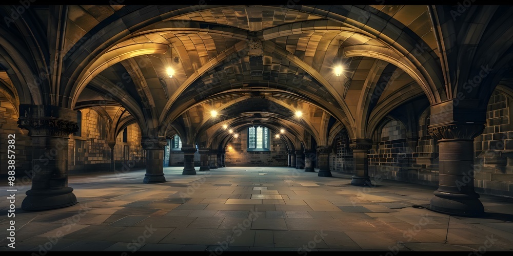 Fototapeta premium Glasgow University undercroft illuminated. Concept Architecture, Night photography, Illumination, Urban landscape