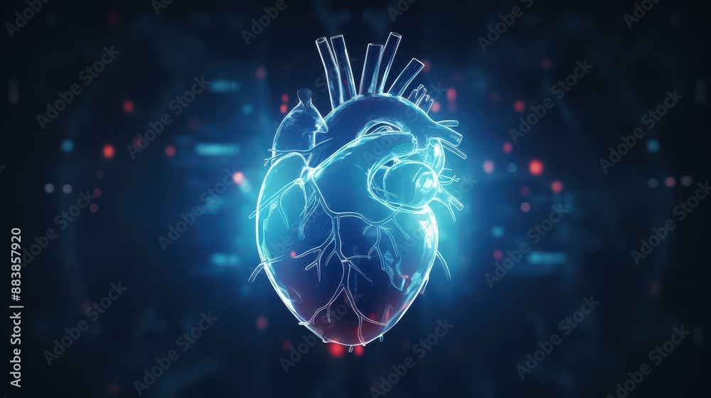 Obraz premium Modern medical concept with holographic human heart illustration on futuristic backdrop. Ideal for healthcare technology designs.