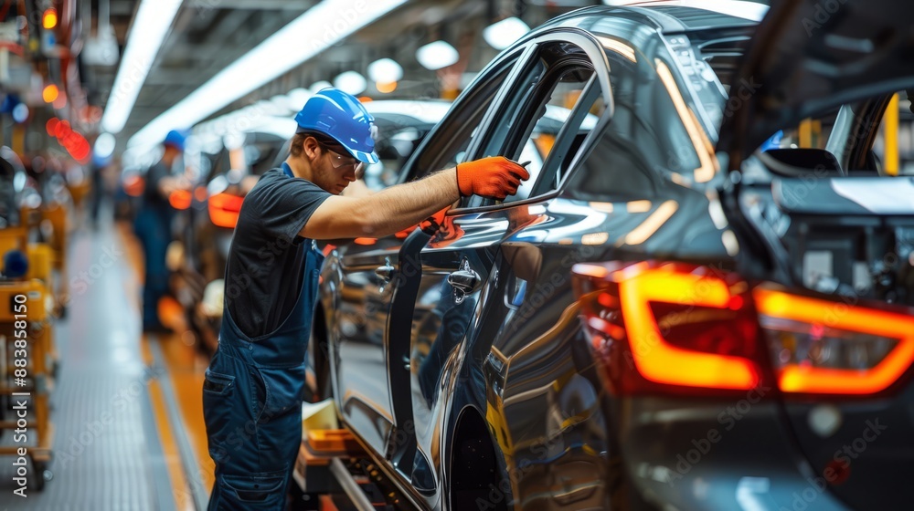 Workers in a busy automotive factory assembling cars on an assembly line Workers in a busy automotive factory assembling cars on an assembly line