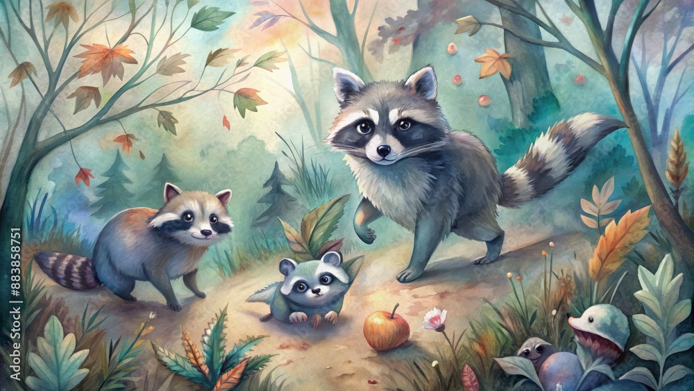 Obraz premium Playful raccoons exploring the forest,digital, illustration, watercolor