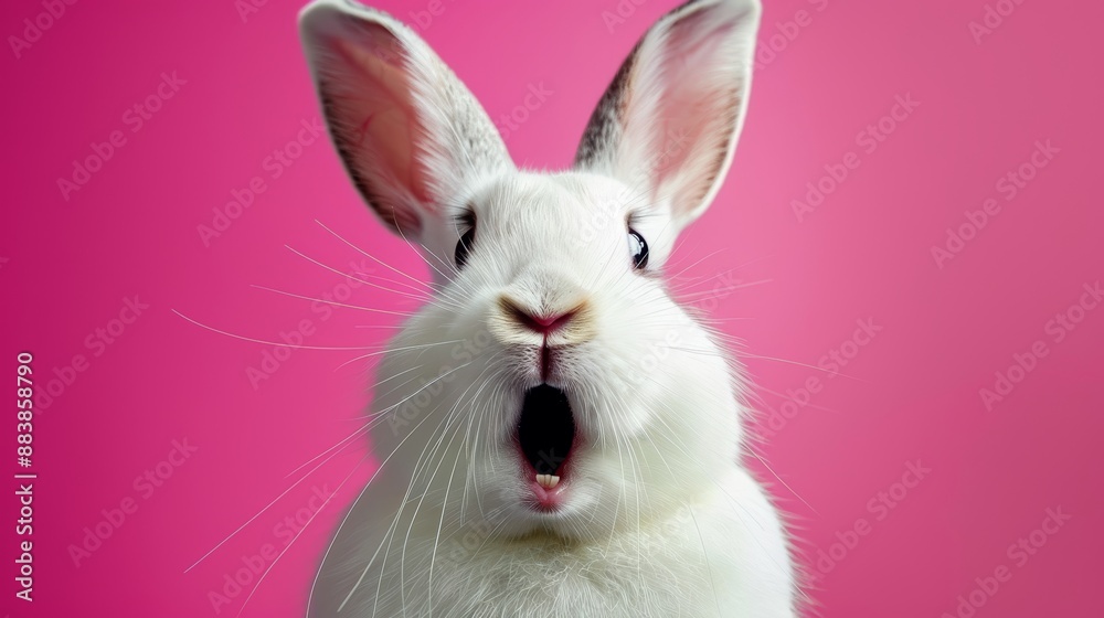 Obraz premium A portrait of a surprised-looking white rabbit with a cute expression on a pink background .
