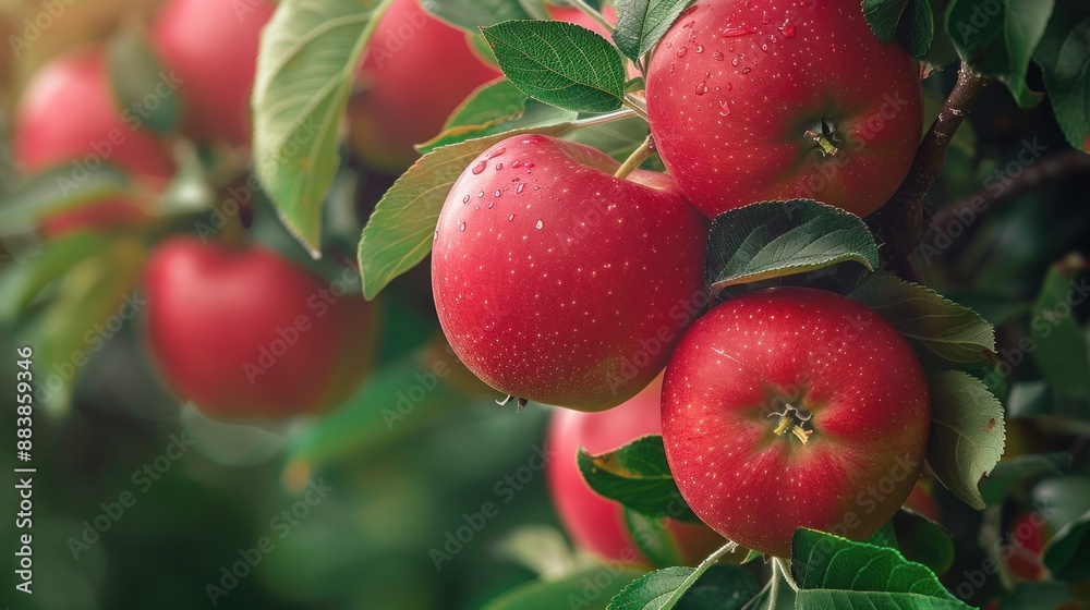 Fresh red apples on tree background, they glow in the sun among the lush green leaves of the apple orchard. Fresh red apples on tree background, they glow in the sun among the lush green leaves of the apple orchard.