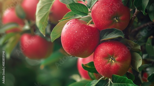 Fresh red apples on tree background, they glow in the sun among the lush green leaves of the apple orchard.