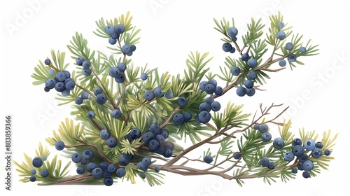  juniper bush with blue berries on a white background . Anime foliage, anime background