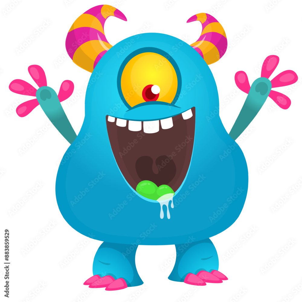 Funny cartoon monster character. Illustration of cute and happy alien creature for Halloween party decoration or package design. Vector isolated