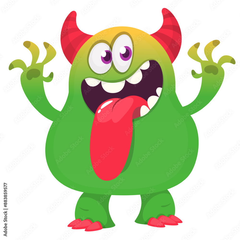 Fototapeta premium Funny cartoon monster character. Illustration of cute and happy alien creature for Halloween party decoration or package design. Vector isolated