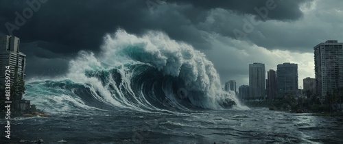 Giant tidal wave Stormy post apocalypse city End of the world City destruction Water destruction Stormy weather. photo