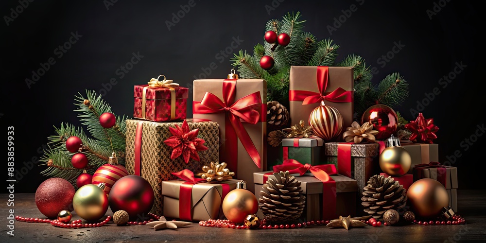 Christmas gifts, ornaments, and decoration on black background, Christmas, gifts, ornaments, decoration, holiday, festive