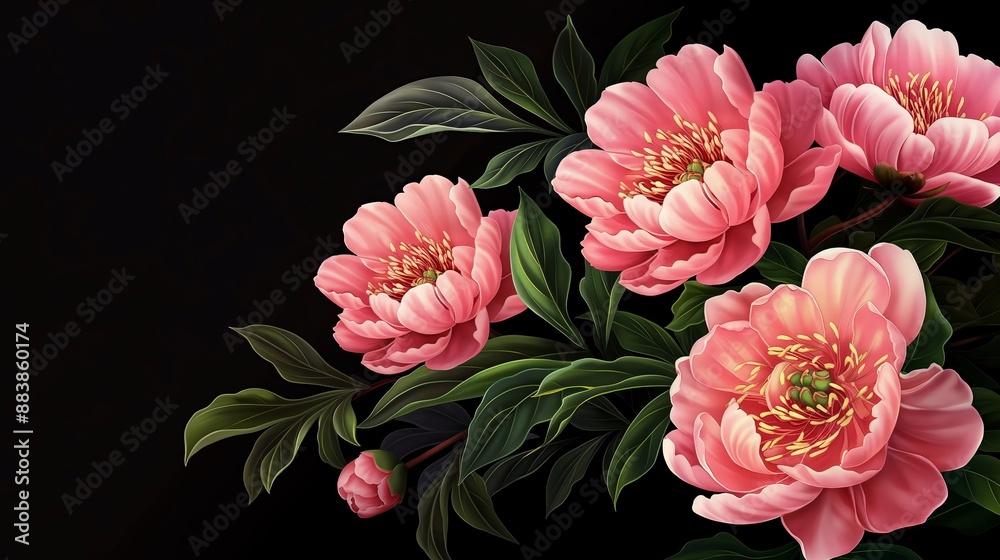  peony bush with pink flowers on a black background . Anime foliage, anime background