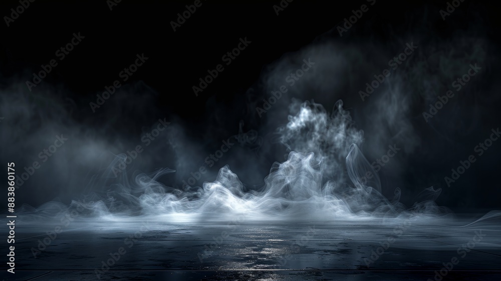 Fototapeta premium Ethereal mist dances on a velvety canvas where swirling smoke transforms into a symphony of light and shadow. An abstract ballet of fog and illumination casting an enchanting spell.