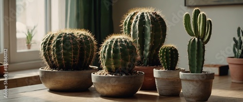 Home decoration lifestyle featuring a group of cacti on a table with copy space image. photo