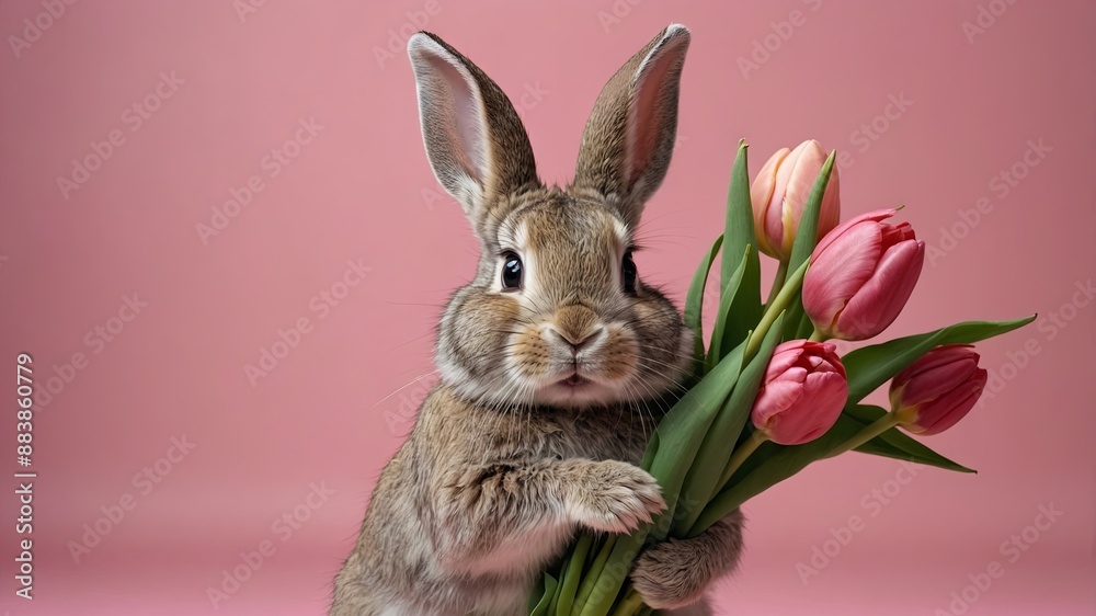 Fototapeta premium Funny rabbit holding a tulips bouquet on pink background Easter concept.