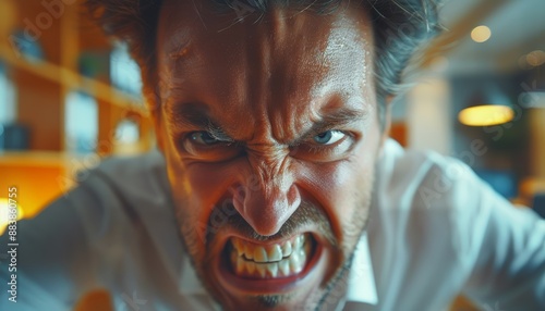 Close-up portrait of an angry man expressing intense emotion with a furious facial expression, indoors, conveying frustration and rage.