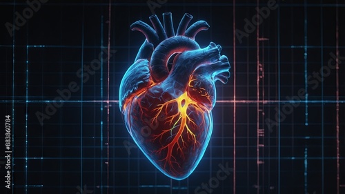 hologram of human heart, diagrammatic diagnostic concept.