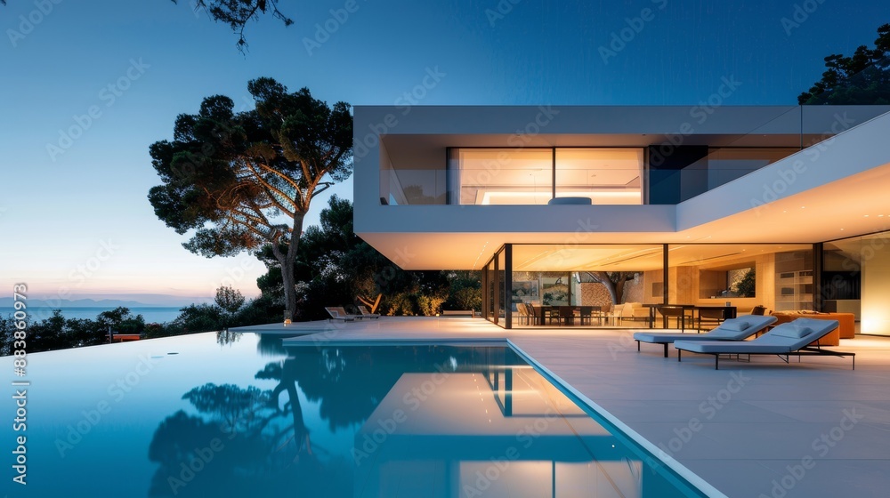 Fototapeta premium The contemporary white mansion boasts an opulent exterior featuring a shimmering pool and exclusive amenities.