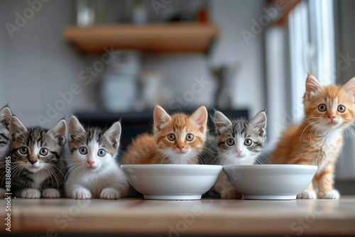 Adorable kittens eagerly anticipate meal together in beautiful panoramic setting