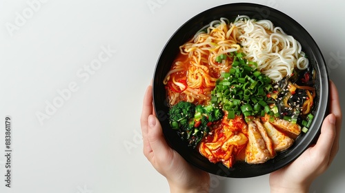 MiyeokGuk Chinese food with accompaniments in a black bowl whit hand, looks delicious on a clean white background.
