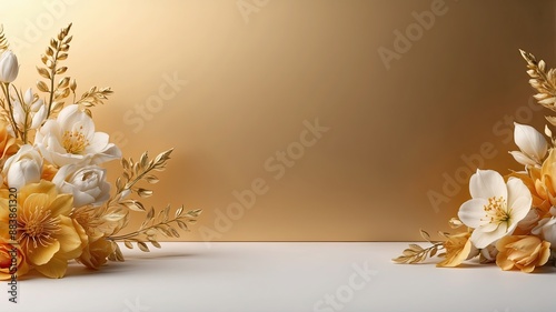 8K Ultra HD detailed. realistic floral border illustration horizontal, golden solid background empty space text