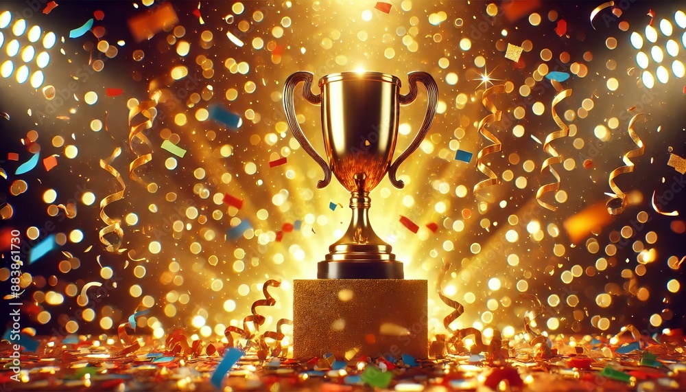 golden trophy illuminated under spotlights, surrounded by sparkling confetti in a celebratory atmosphere golden trophy illuminated under spotlights, surrounded by sparkling confetti in a celebratory atmosphere