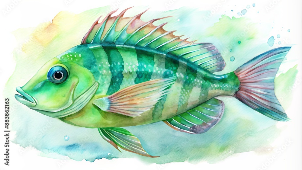 Elegant watercolor design of a green-striped anthias. Elegant watercolor design of a green-striped anthias.