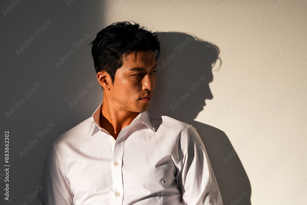 Fototapeta premium スーツを着たアジア男性の暖色トーンのポートレート
