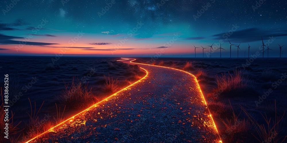 Winding Path at Sunset with Wind Turbines
