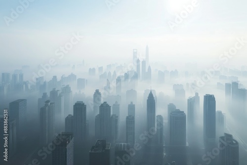 Tall skyscrapers are barely visible through a thick layer of smog and air pollution in a city skyline on a hazy day