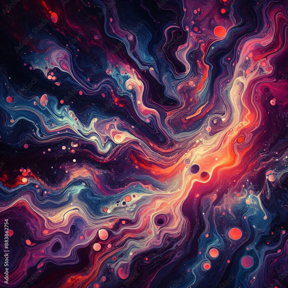 Abstract fluid art oil, cosmic nebula, Marbled effect with smooth color transitions, Dark background resembling space with small Abstract fluid art oil, cosmic nebula, Marbled effect with smooth color transitions, Dark background resembling space with small