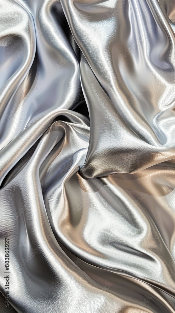 A shiny, silver satin fabric with a smooth texture and subtle sheen, perfect for creating luxurious or accessories. The material is draped elegantly in a flowing pattern