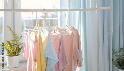 Clean laundry hanging on drying rack indoors