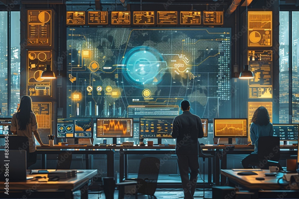 Diverse Team Analyzing Data in High-Tech Office