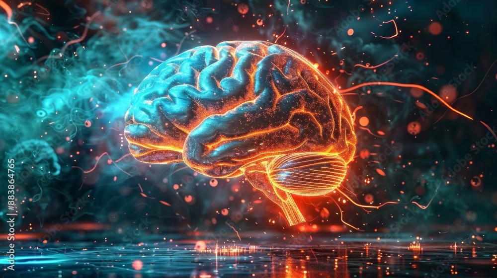 A 3D illustration of a brain with a blue and red color scheme A 3D illustration of a brain with a blue and red color scheme