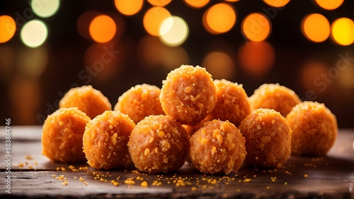 motichoor ladoo on the wooden table background diwali light  photo