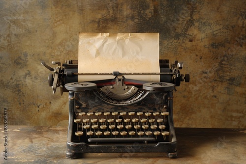 Antique Typewriter with Blank Paper on Rustic Background